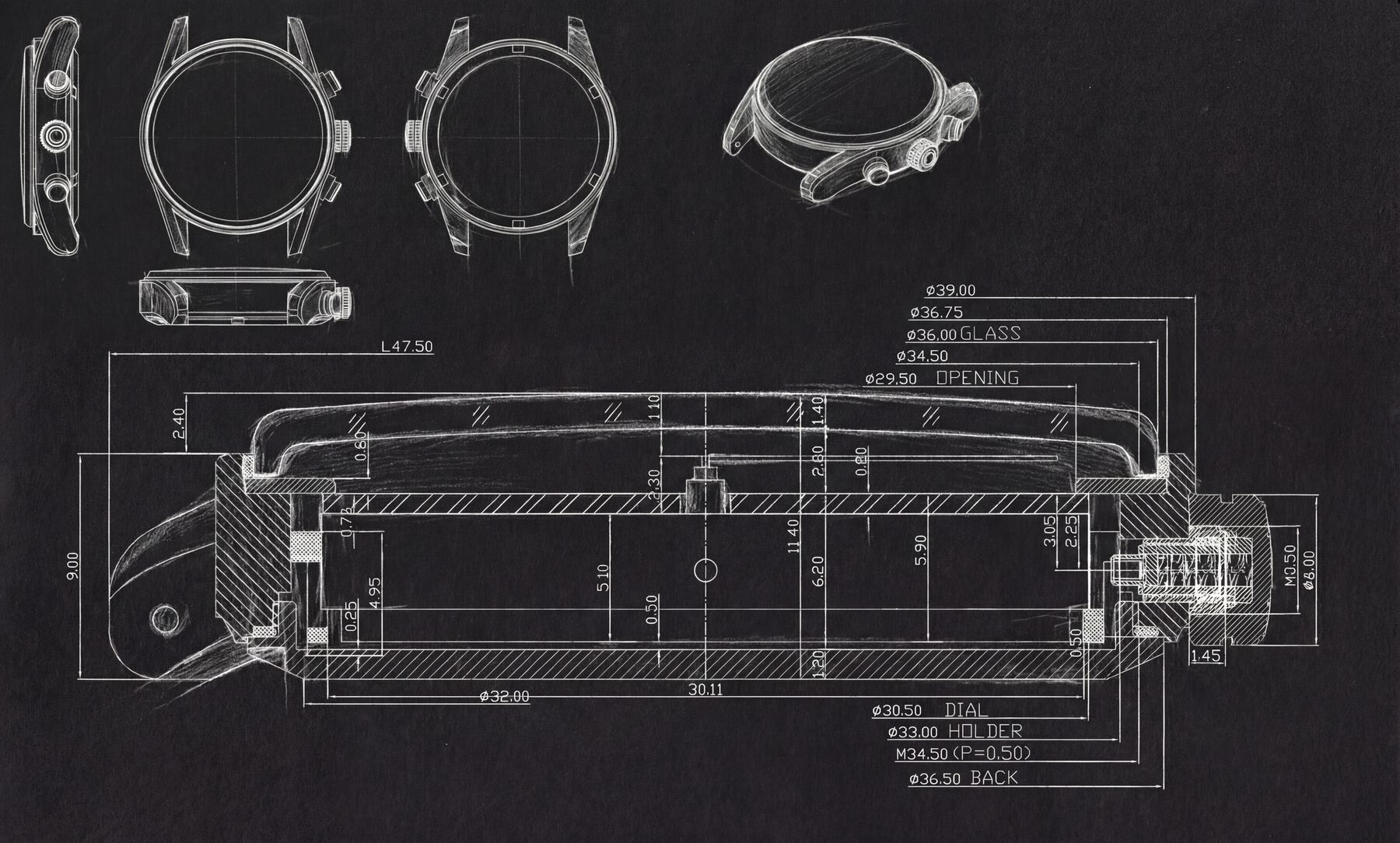 Case engineering drawing, dimensioned section